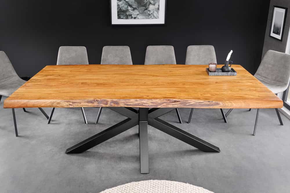Massivholz Esstisch MAMMUT 200cm Akazie schwarz Metall Baumkante 5cm Tischplatte