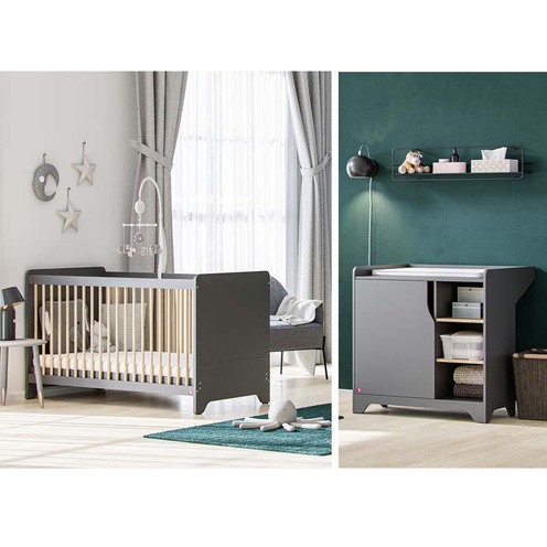 Chambre DUO Lit 60x120 Commode LEAF Graphite/Bois - VOX