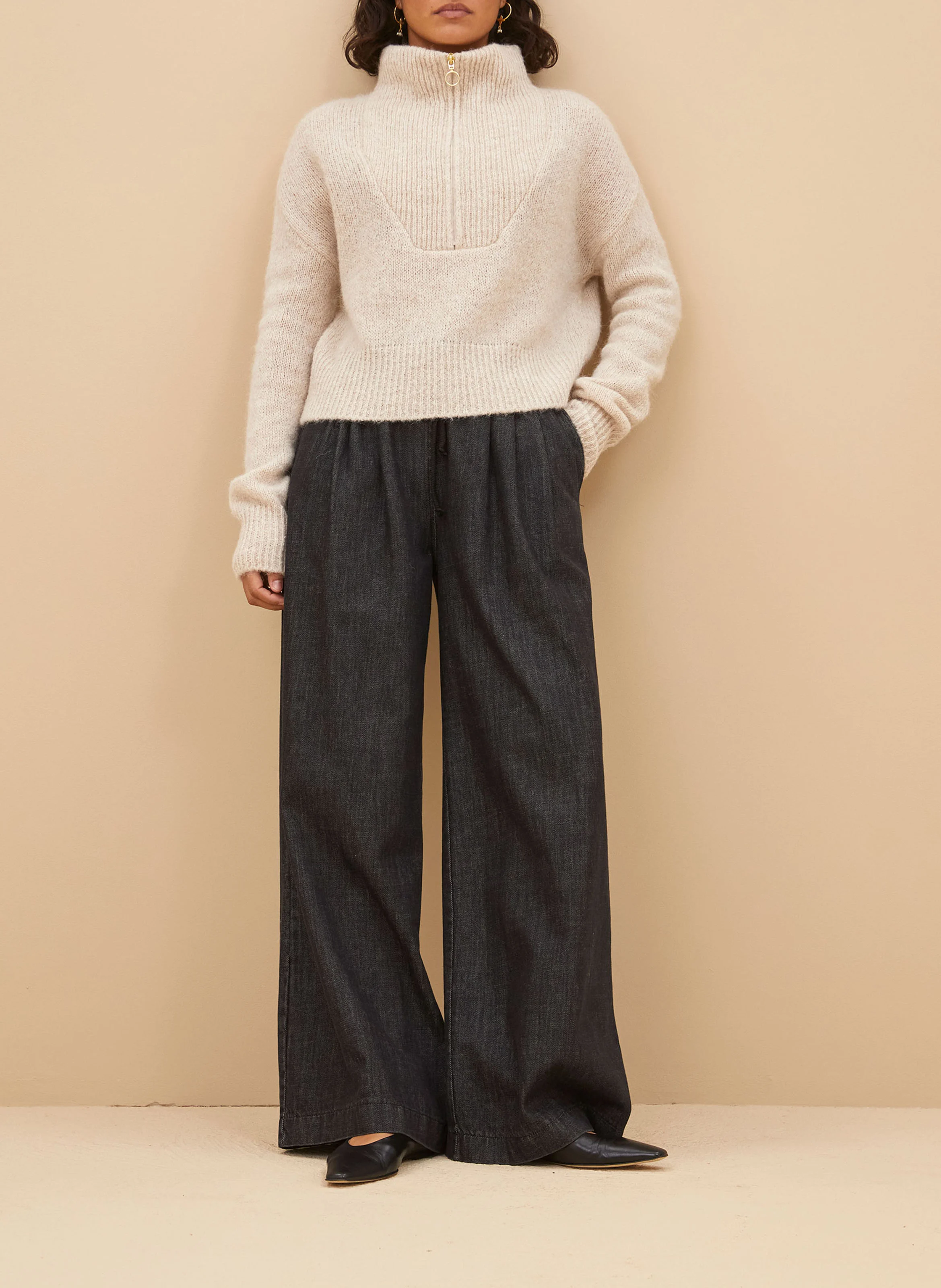 BOXY BEAU - Pull col montant en laine mélangée | Beige