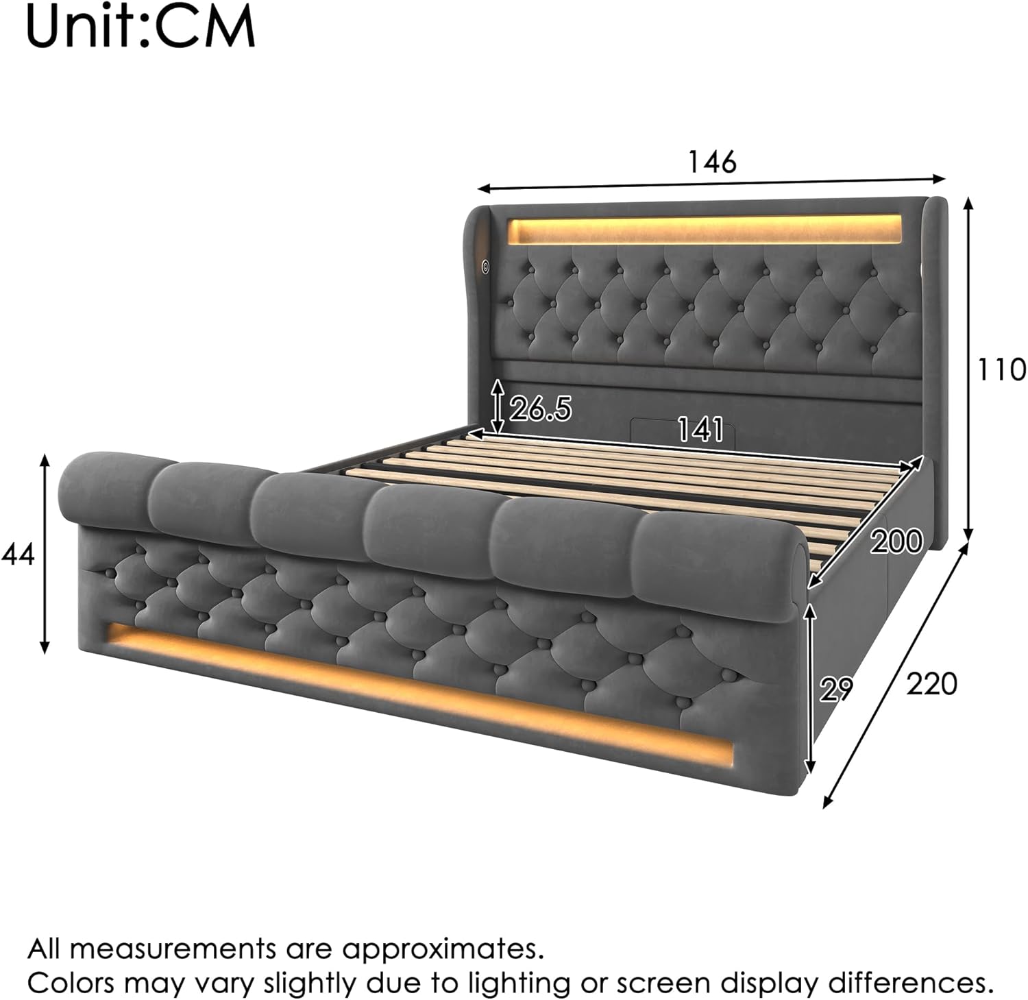Polsterbett 140x200 cm, Doppelbett mit LED-Leuchten, Kopfteil mit USB- und Typ-C-Anschlüssen, Hydraulisches Stauraumbett, für Jugendliche und Erwachsene, Samt, Grau (Ohne Matratze) SK2623696