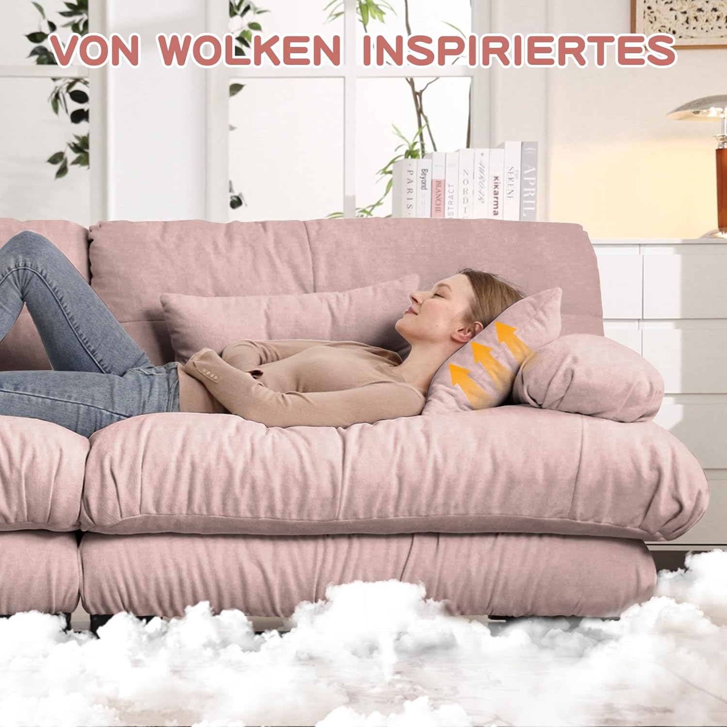 HAUSPROFI Modulares Sofa aus Chenille | Cloud Couch mit Ottomane Lenden- & Dekokissen | Tiefsitz, breite Armlehnen & ohne Montage | für Wohnzimmer, Apartment, Studio, Büro (Rosa,2-Sitzer + 2-Otto)