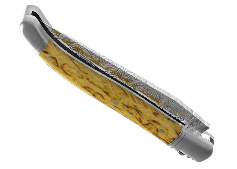 Couteau Laguiole collection damas avec un manche en bois de bouleau et 2 mitres en acier inoxydable