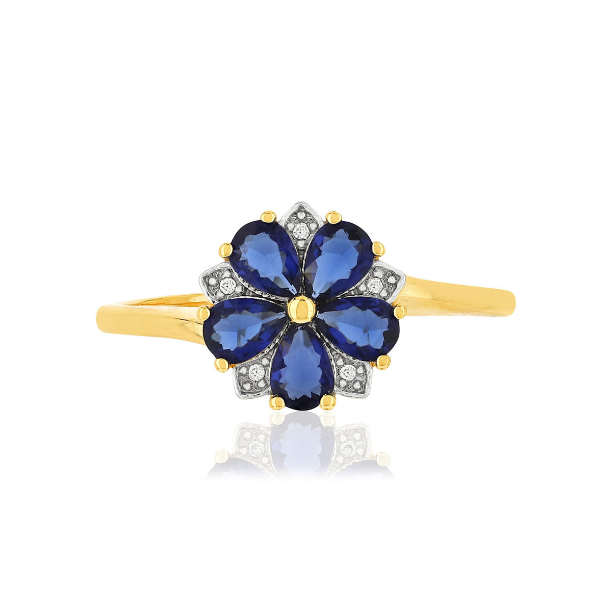Bague or 375 2 tons fleur saphirs taille poire et diamants