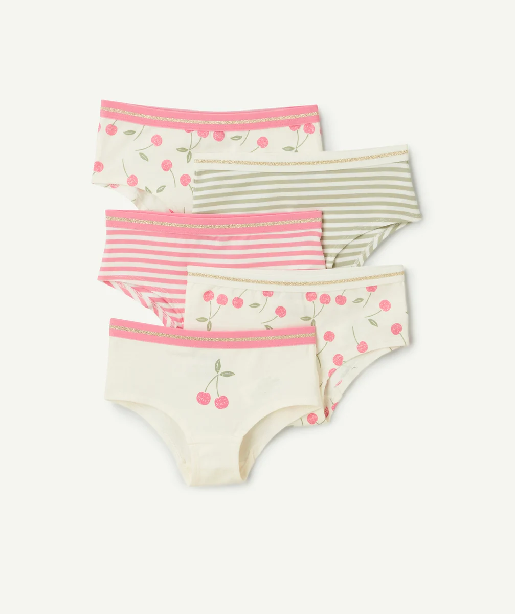 LOT DE 5 SHORTIES FILLE 100% COTON ÉCRU AVEC IMPRIMÉS ROSES ET VERTS