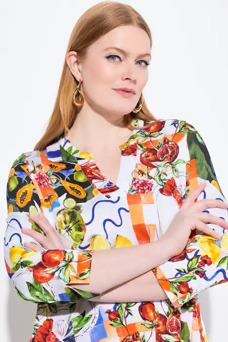 Slinky-Bluse, Food-Design, A-Linie, Stehkragen, 3/4-Arm, kobaltblau