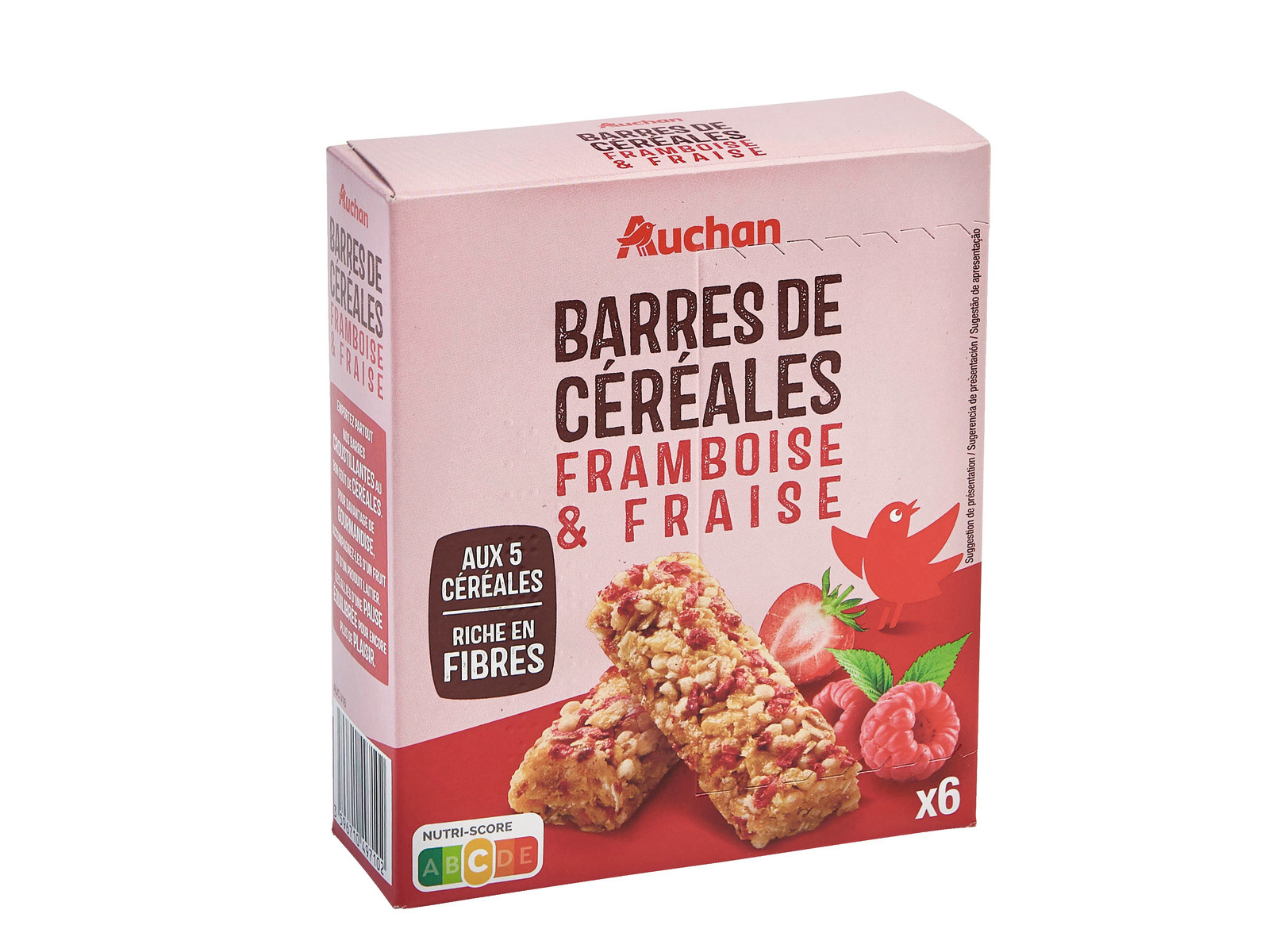 BARRA DE CEREAIS AUCHAN FRAMBOESA E MORANGO 6UN 108G