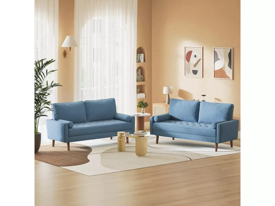 Canapé 3 places en tissu Lin bleu - Scandinave - avec 2 Oreillers et Accoudoirs - Pieds bois massif - 173x77x84cm