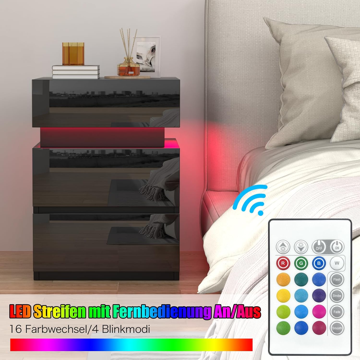 2er Set Nachttisch mit LED-Beleuchtung, Nachttisch Schwarz Hochglanz Beistelltisch, Einstellbare Farben, Sofatisch 3 Schubladen, Nachtschrank Schlafzimmer, 35x40x55cm, Schwarz