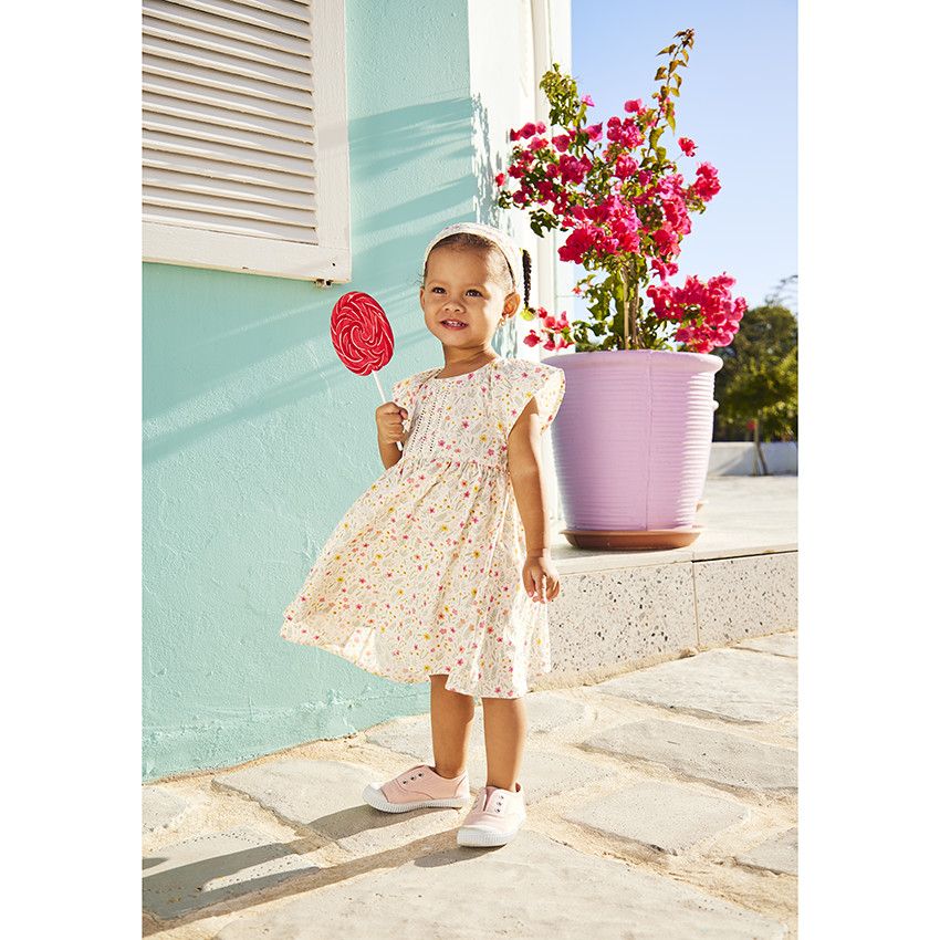 Robe en popeline imprimé fleuri pour fille - Ecru