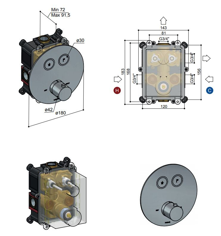 Hotbath Cobber Afbouwdeel thermostaat Rond met 2 push buttons Geborsteld Messing PB009