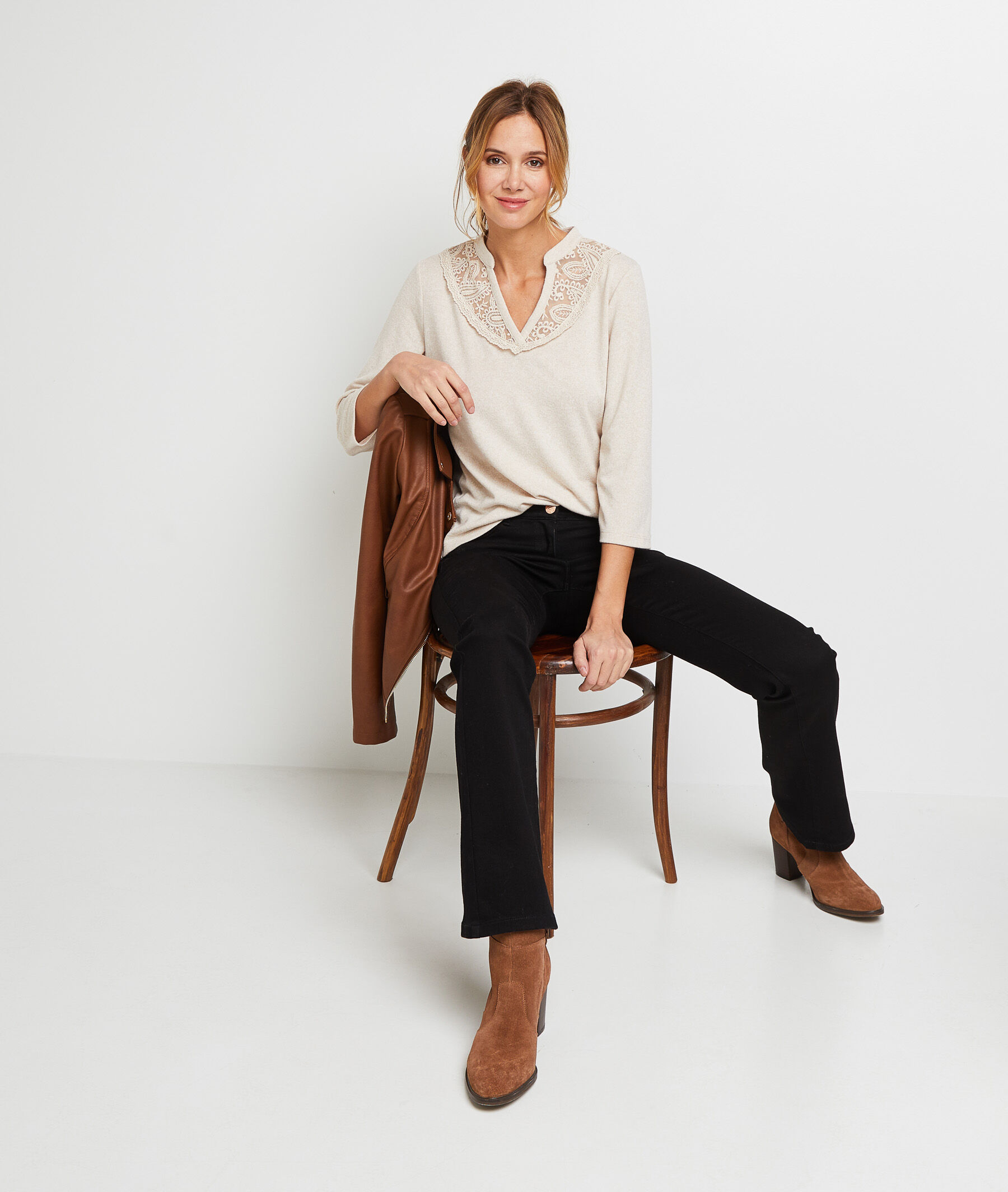 T-shirt col tunisien femme - BEIGE CHINE