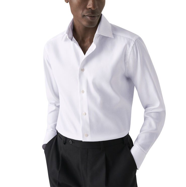 ETON Slim Fit White Textured Twill Shirt - French Cuff Hvid