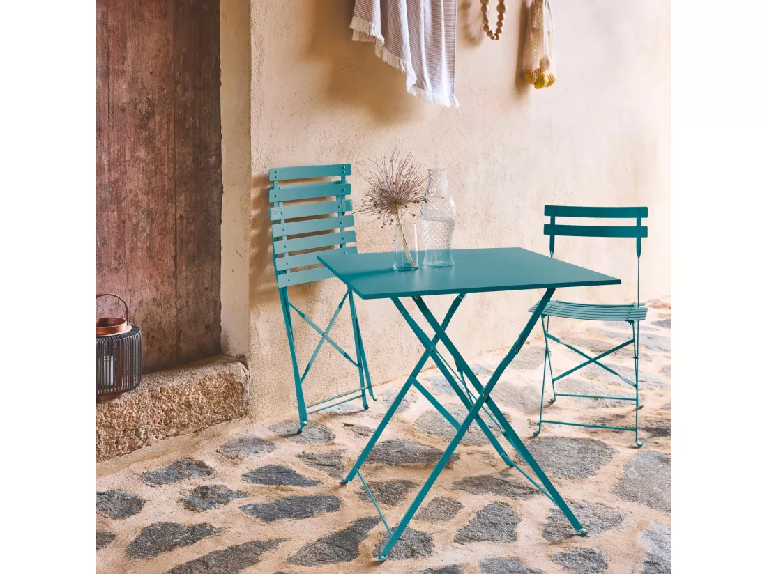 Table de jardin bistrot pliante métal + 2 assises bleu canard 70 x 70cm. acier thermolaqué