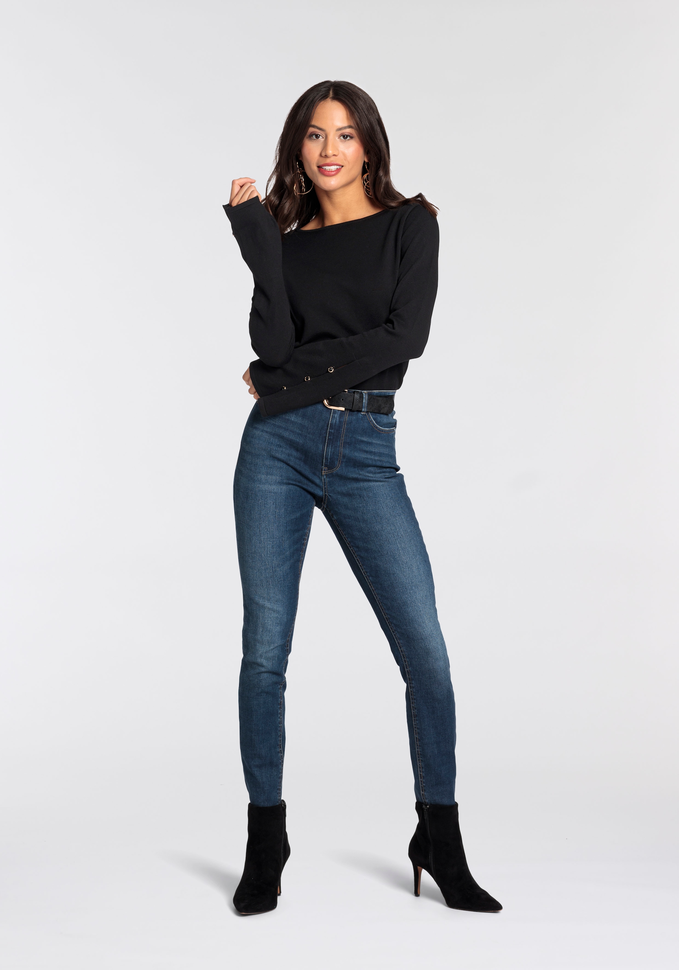Laura Scott Rundhalspullover mit eleganten Ärmeln mit Knopfdetails