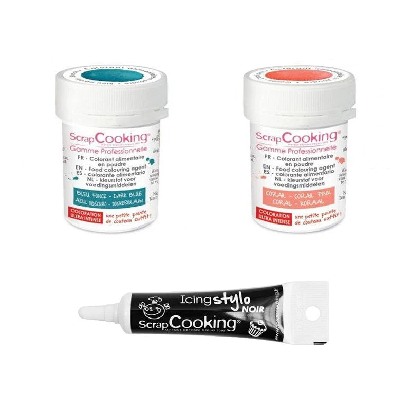 2 colorants alimentaires corail-bleu foncé + Stylo glaçage noir Scrapc
