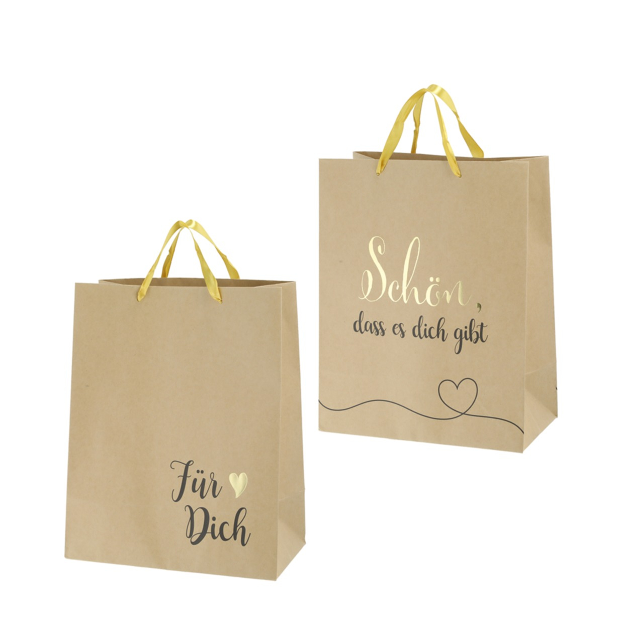 (27x34cm) Kraftpapier Tüte Geschenktasche Herzen Papiertüte Gift Bag - Braun / Gold