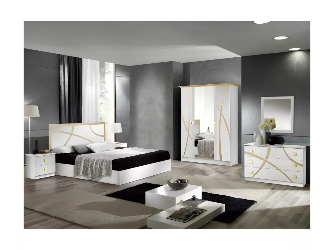 Chambre complète 160*200 Blanc/Or - CROSS - Lit : L 165 x l 206 x H 106 cm