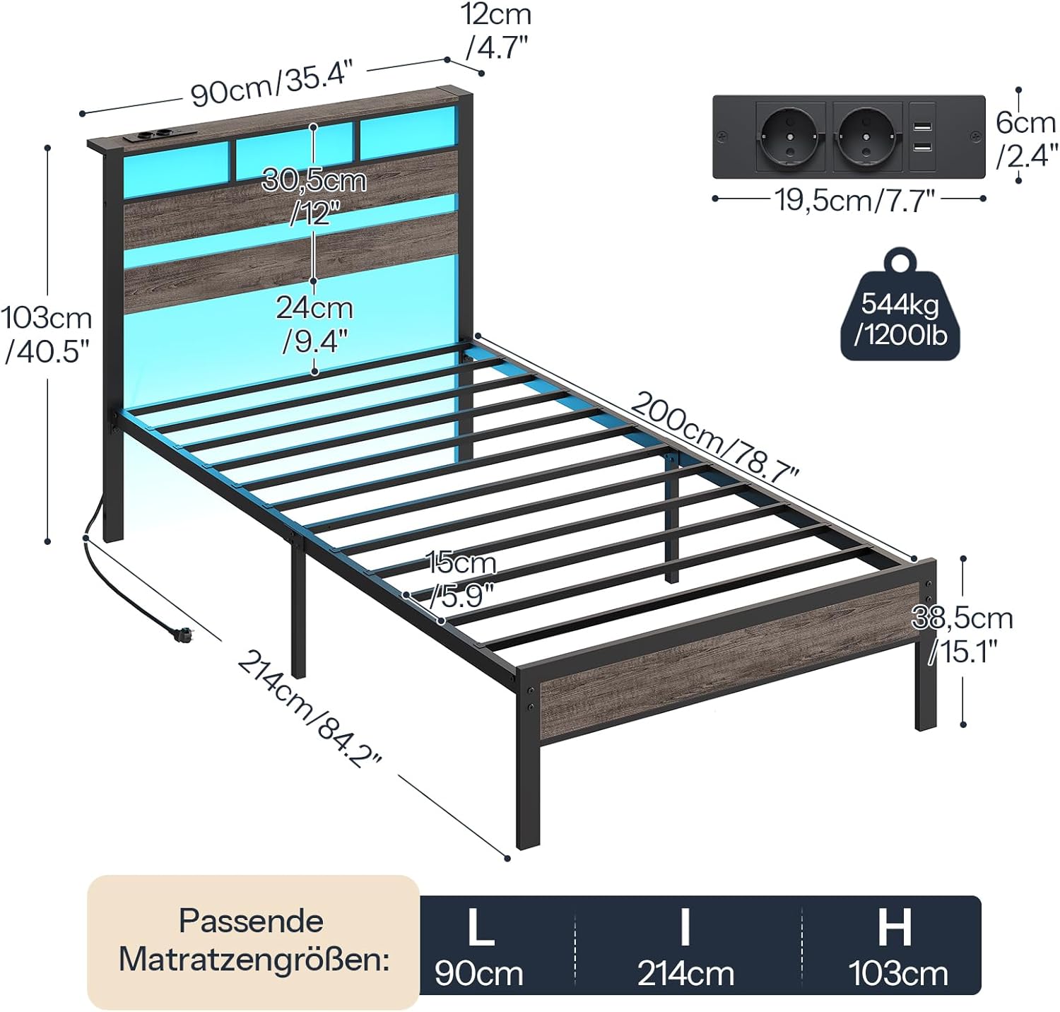 HOOBRO Bett 90 x 200 mit Lattenrost, Einzelbett mit Kopfteil, LED-Beleuchtung, Ladestation (2AC, 2USB-A), Bettgestell 90 x 200 cm, Metallbett für Schlafzimmer Gästezimmer, Anthrazit EBC77CDBF01 DR4563831