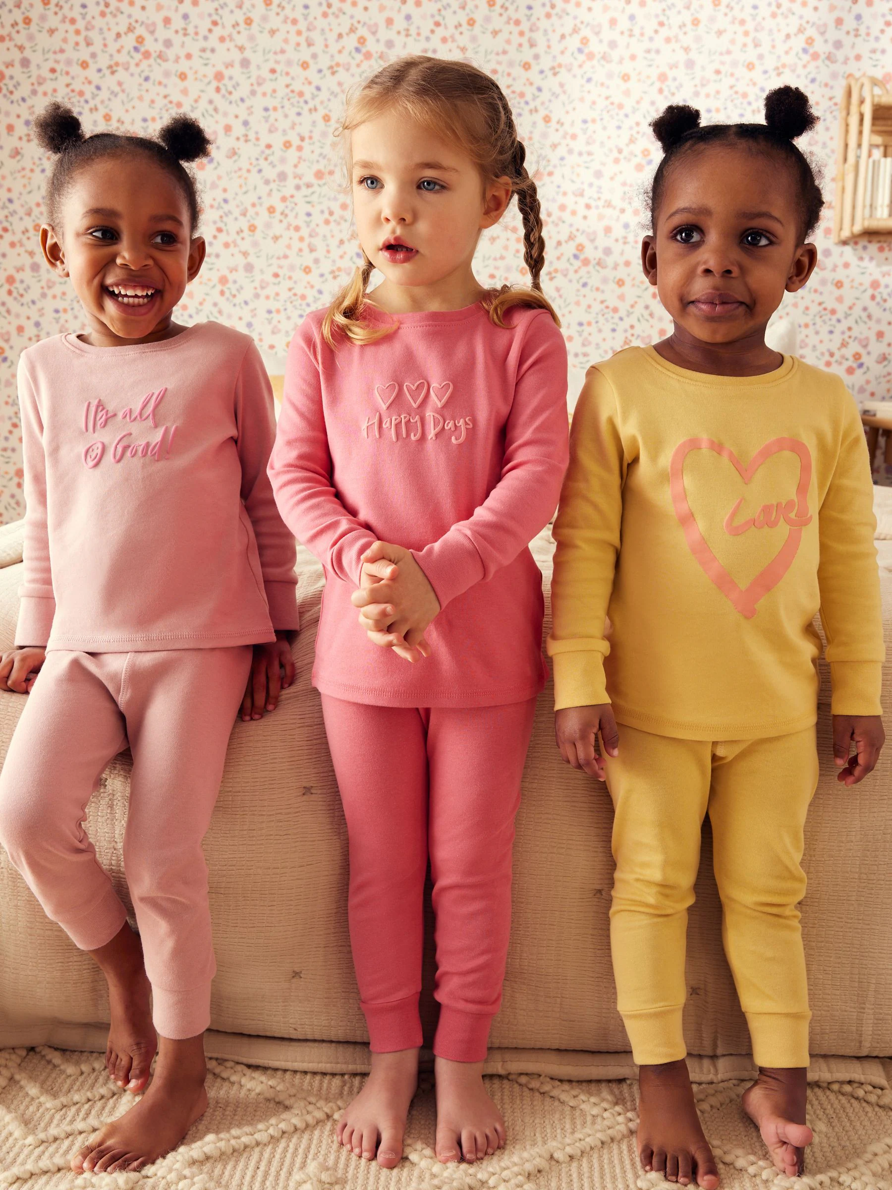 Roze/geel met slogan - Verpakking van 3 knusse pyjama's met print (9 mnd - 12 jr)