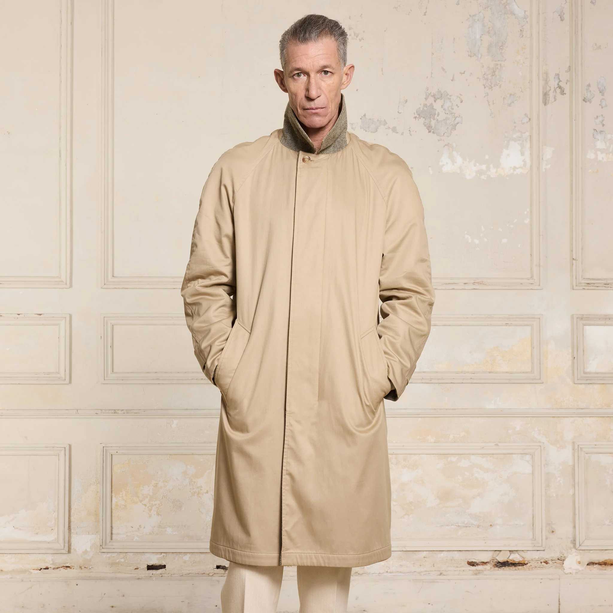 Reversible mac in water-repellent cotton and beige wool