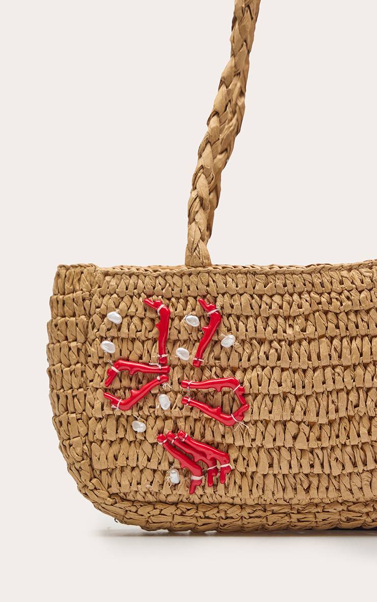 Naturel Sac À Bandoulière En Raphia Avec Détail Corail
