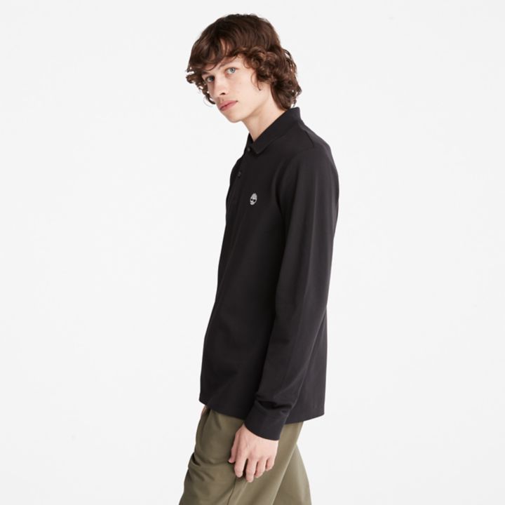 Camisa polo de manga comprida Millers River em piqué para homem, na cor preta.