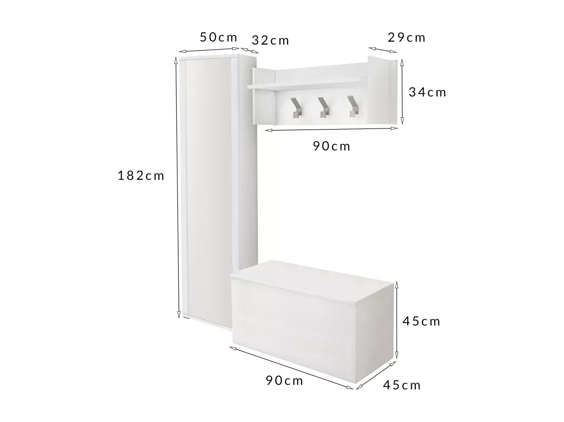 Meuble d'entrée Djohnse, Entrée moderne avec portemanteau, Armoire avec étagère à chaussures, Armoire avec miroir, Cm 50x32h182, Blanc