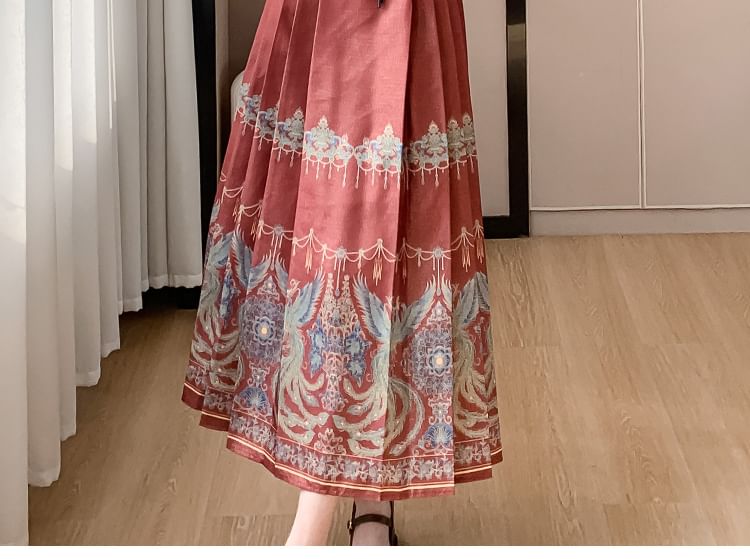 Fioridi - Hanfu-top met lange mouwen en bloemenprint en manchetten / Midi-rok met hoge taille en paisleyprint / Set