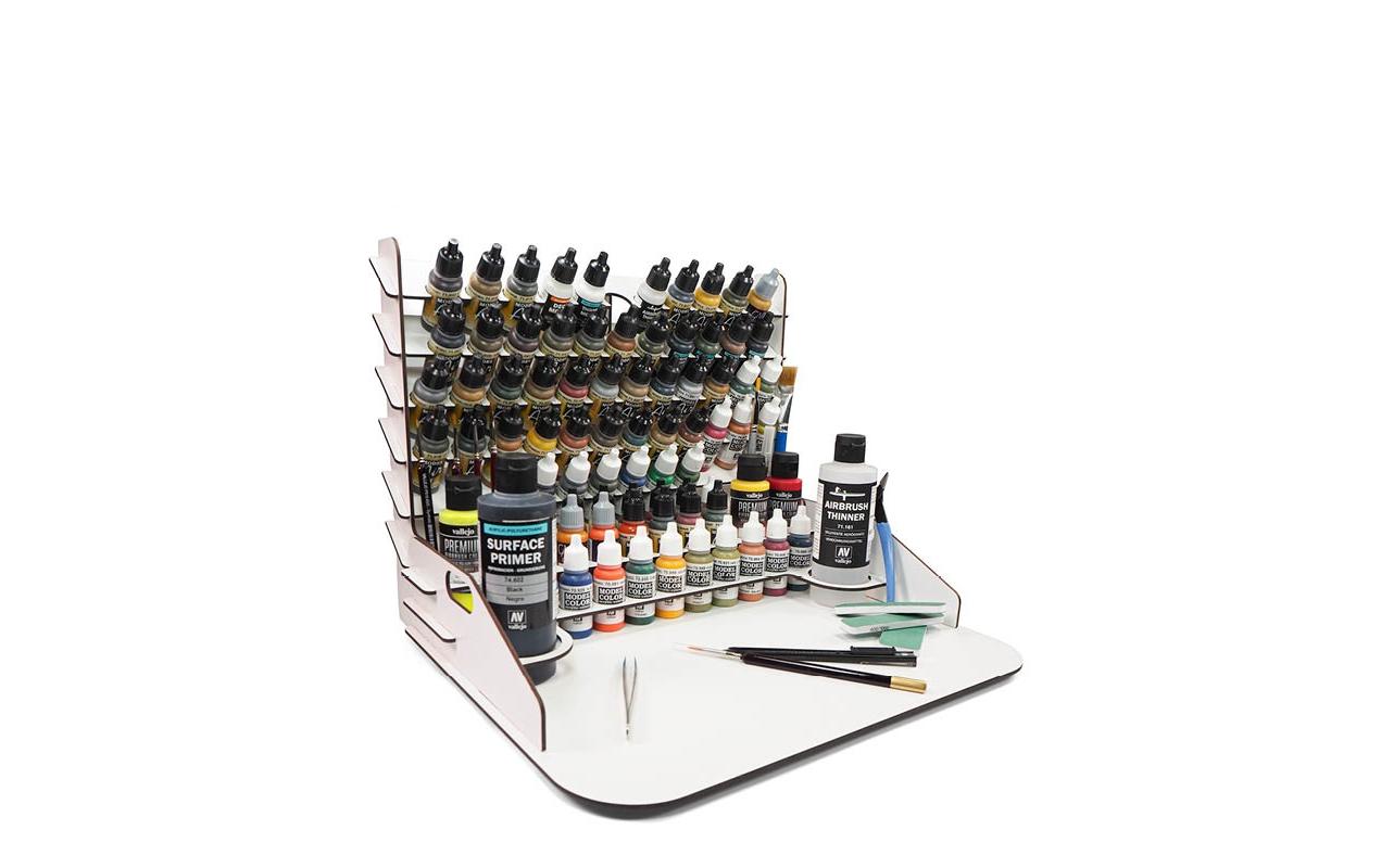 Farbdosen Ständer Vertikal & Workstation 40 x 30 cmArbeitsplatte mit Halterungen für Farbdosen und Pinsel