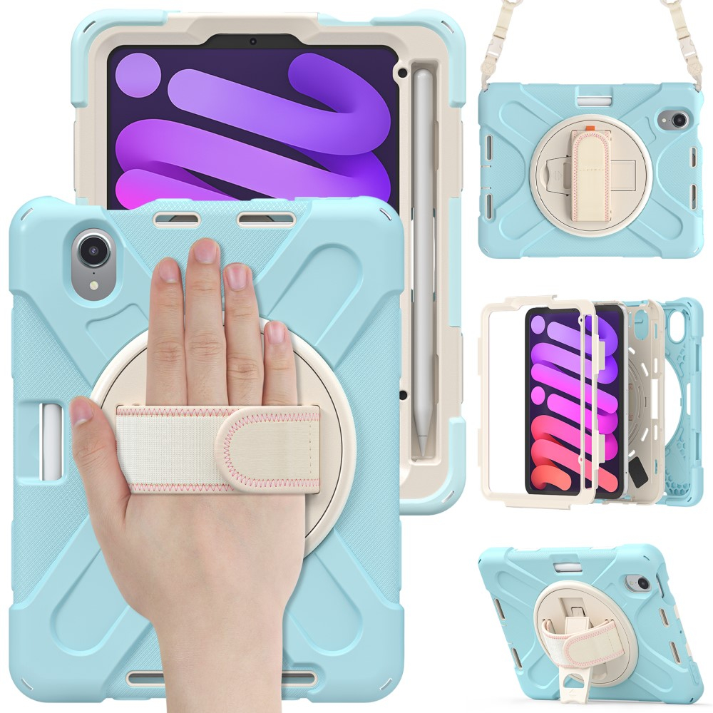 iPad Mini 7 (2024) / Mini 6 (2021) Hybrid Outdoor Silikon Case Hülle mit Aufsteller und Handschlaufe und Schultergurt - Hellblau