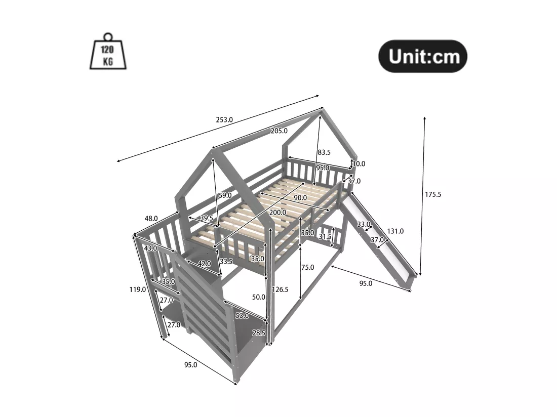 Lit superposé 90x200cm en bois - avec barrières + escalier de rangement + toboggan - Gris