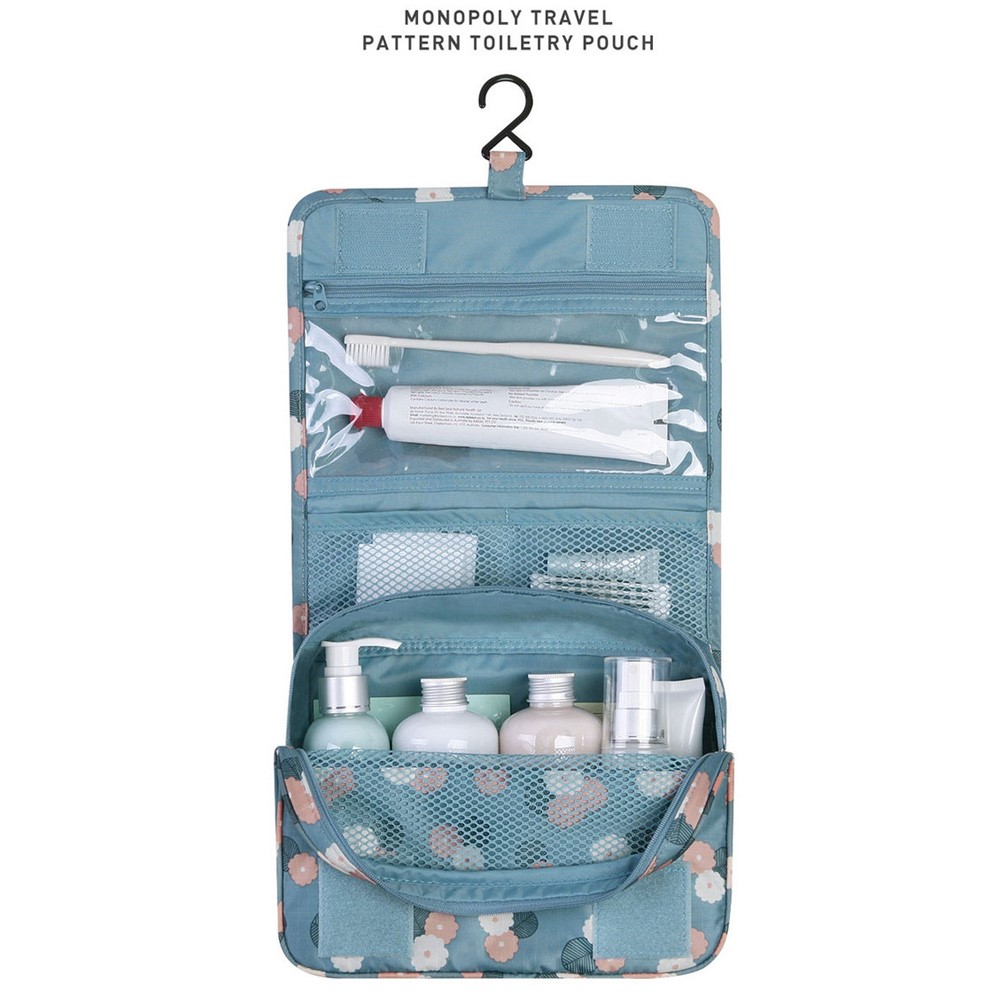 Faltbare Reise Kulturtasche Waschbeutel mit Trageschlaufe & Befestigungshaken - Blumen (Blau)