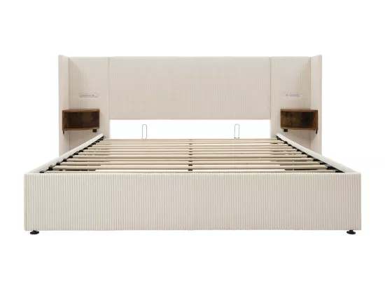 Lit double capitonné 160 x 200 avec table de chevet, liseuse et chargeur USB Type-C, beige, tissu velours côtelé.