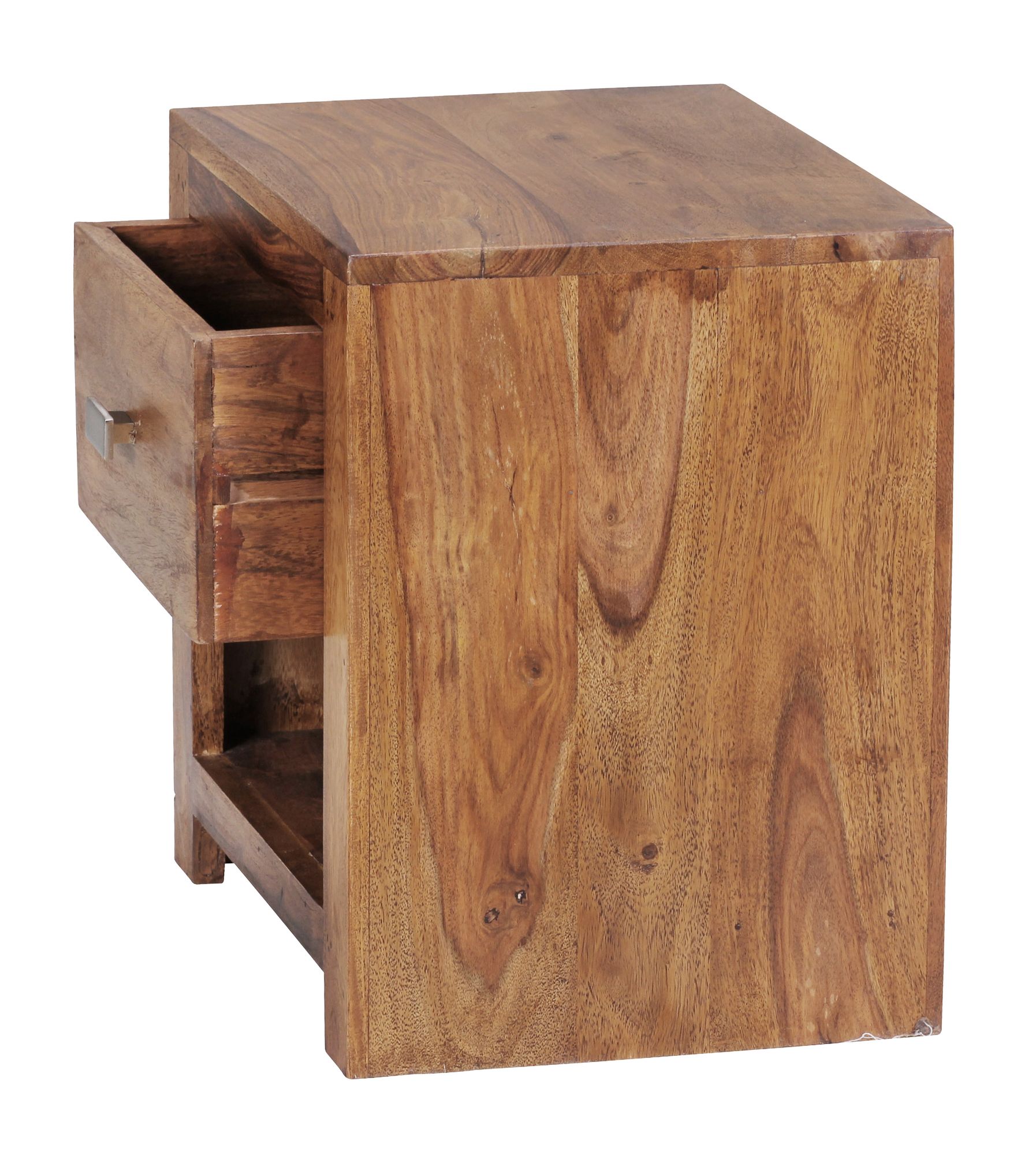 KADIMA DESIGN Rustikale Landhaus-Nachtkonsole aus massivem Sheesham-Holz, mit Ablagefläche und Schublade, eleganter chromfarbener Griff