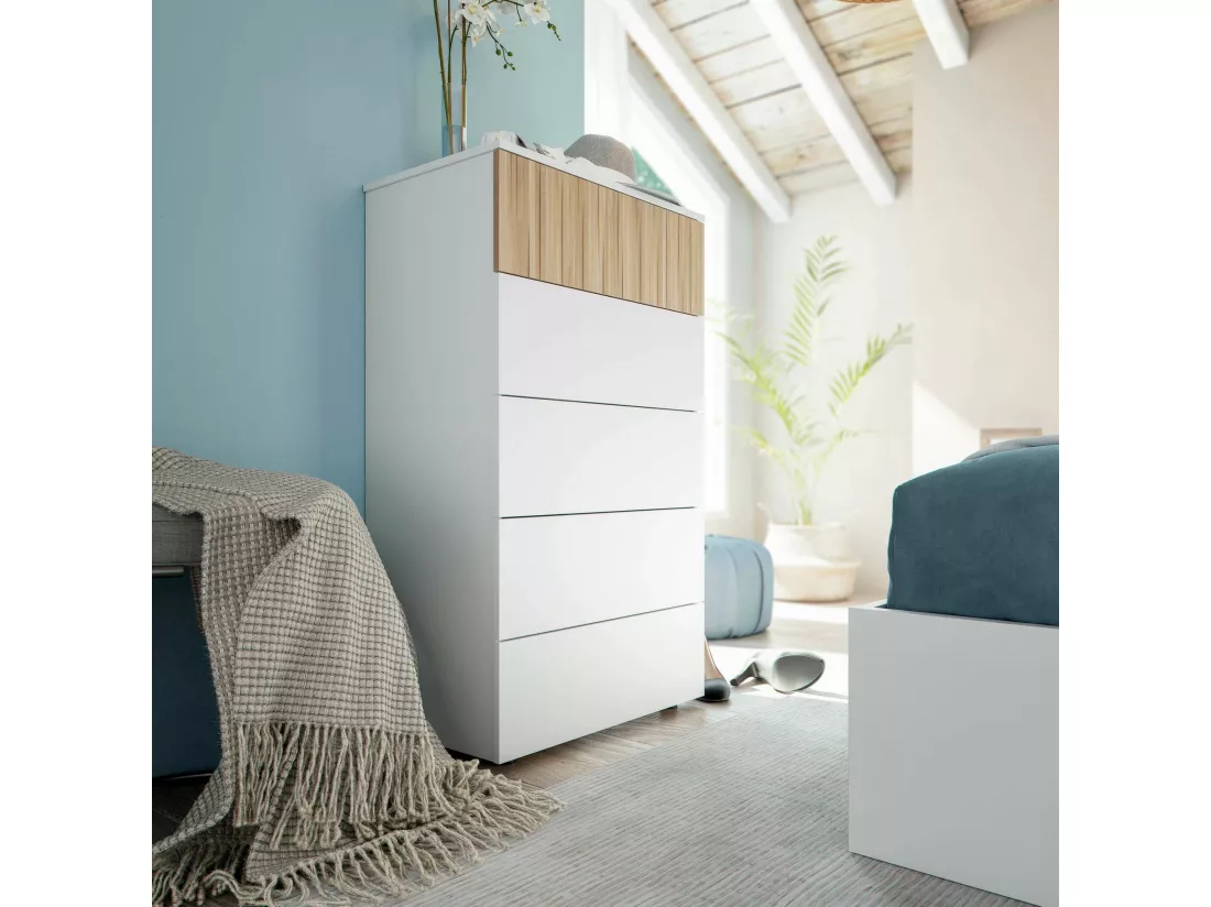 Commode Dorig, commode à 5 tiroirs, commode pour la chambre, commode moderne, 61x40h109 cm, blanc et chêne