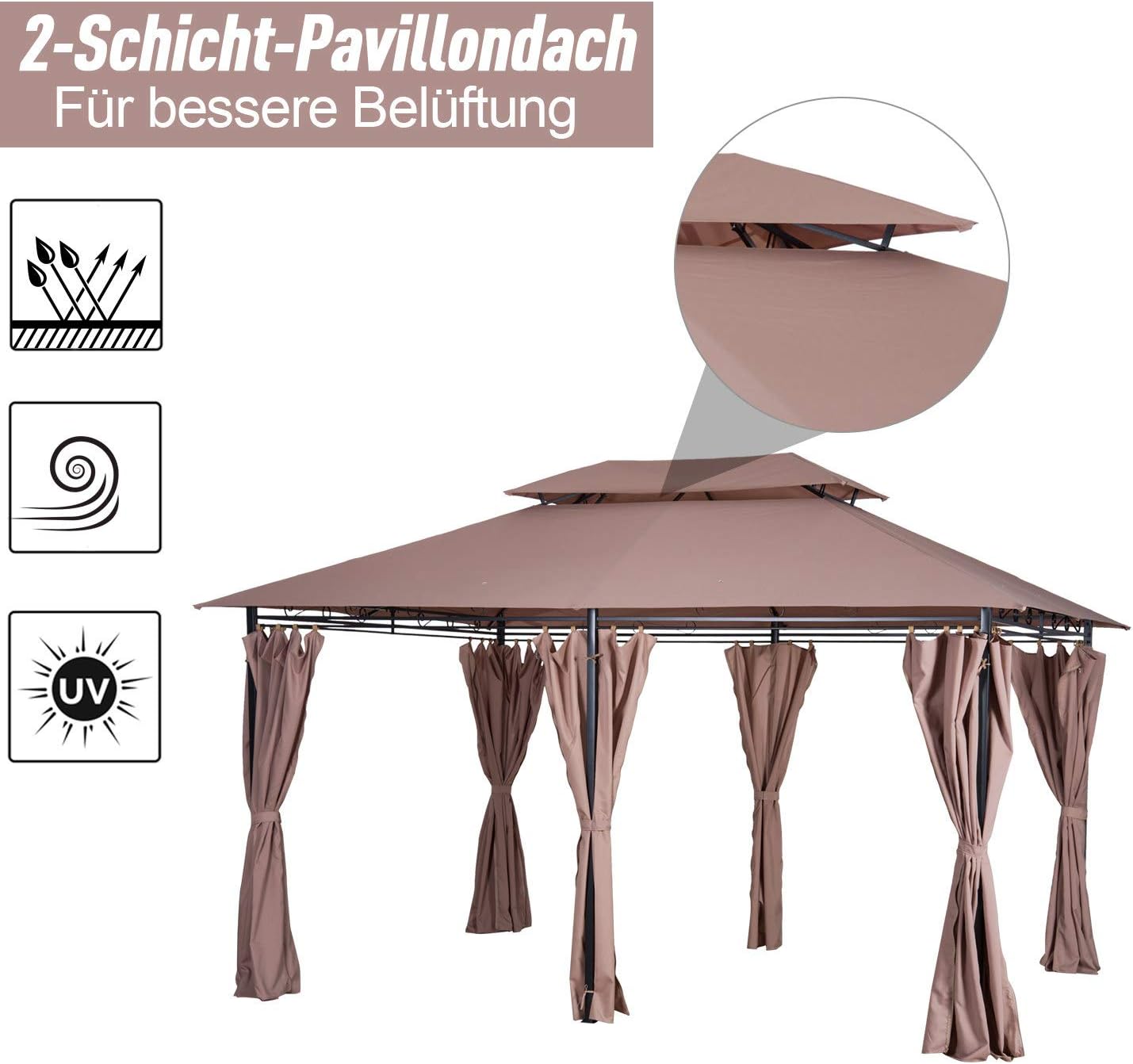 Outsunny Pavillon 3x4m Gartenpavillon mit 6 Seitenteilen Partyzelt Gartenzelt Festzelt mit Doppeldach Khaki