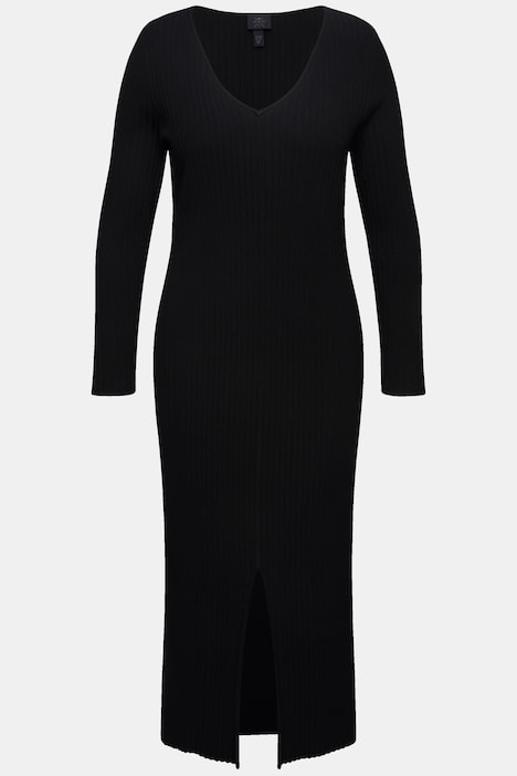 Maxi-Strickkleid, Rippstrick, Slim, V-Ausschnitt, Langarm