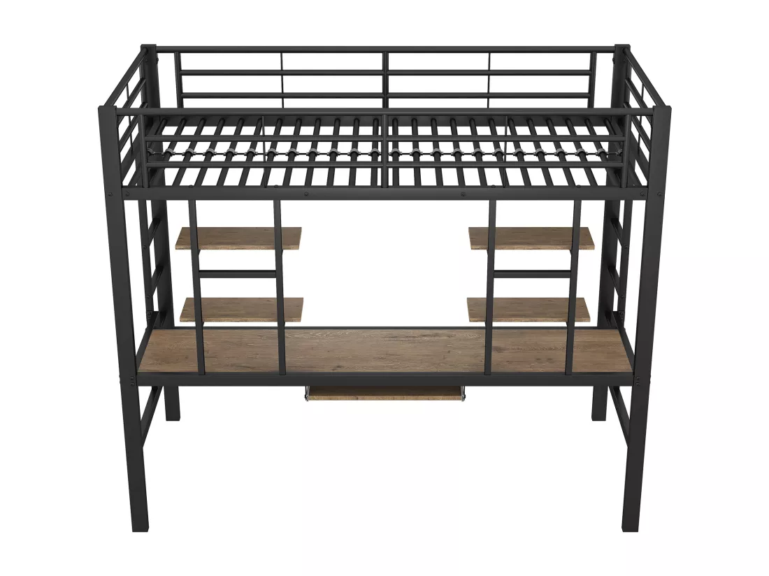 Lit mezzanine métallique noir avec bureau et deux étagères pour adolescents et adultes 90x200cm GUUQNOKS