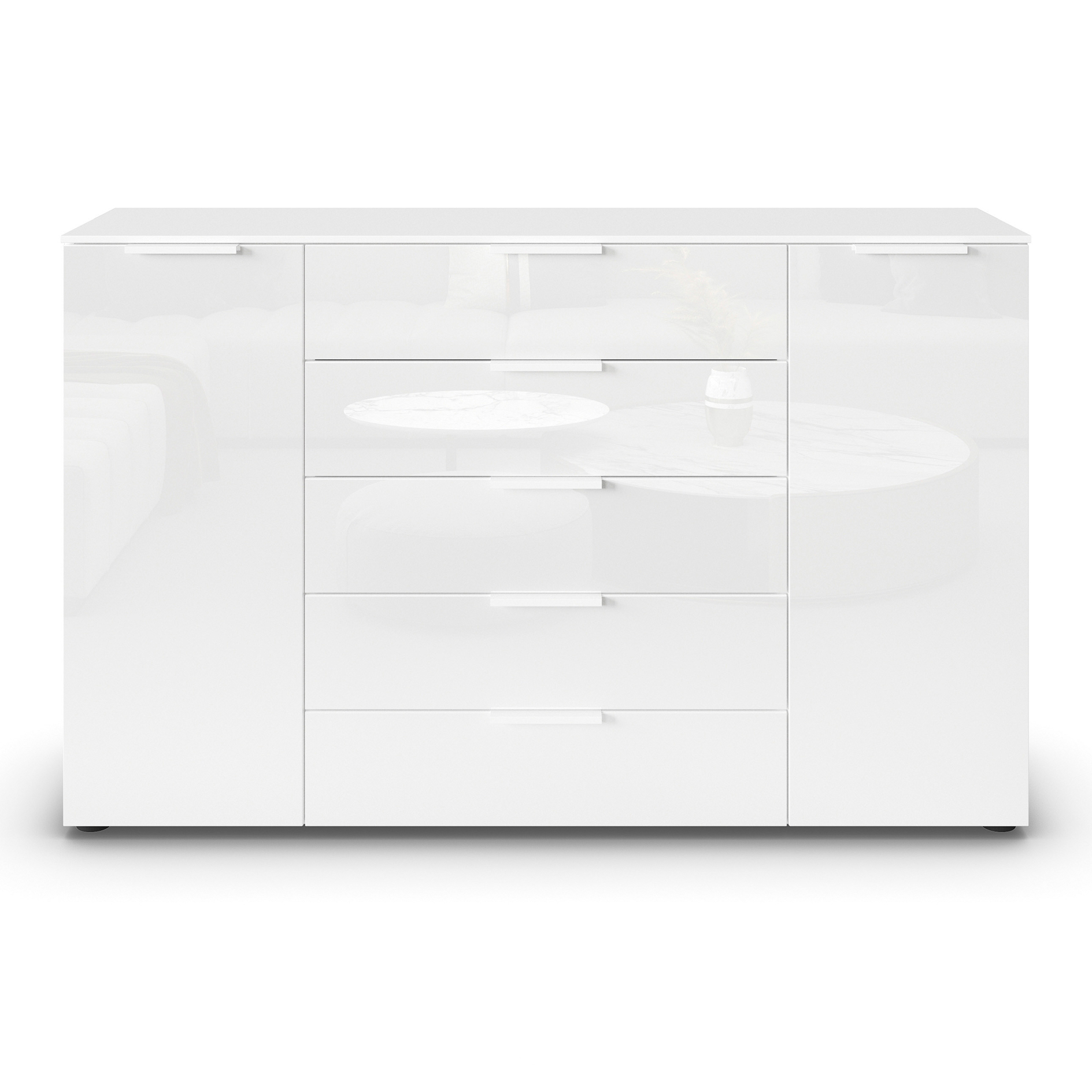 Kommode - alpinweiß-Kristallweißglas - weiße Griffe - 160 cm