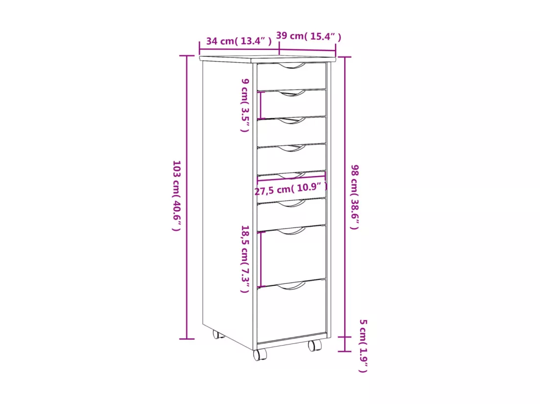 Armoire roulante avec tiroirs MOSS bois de pin marron miel