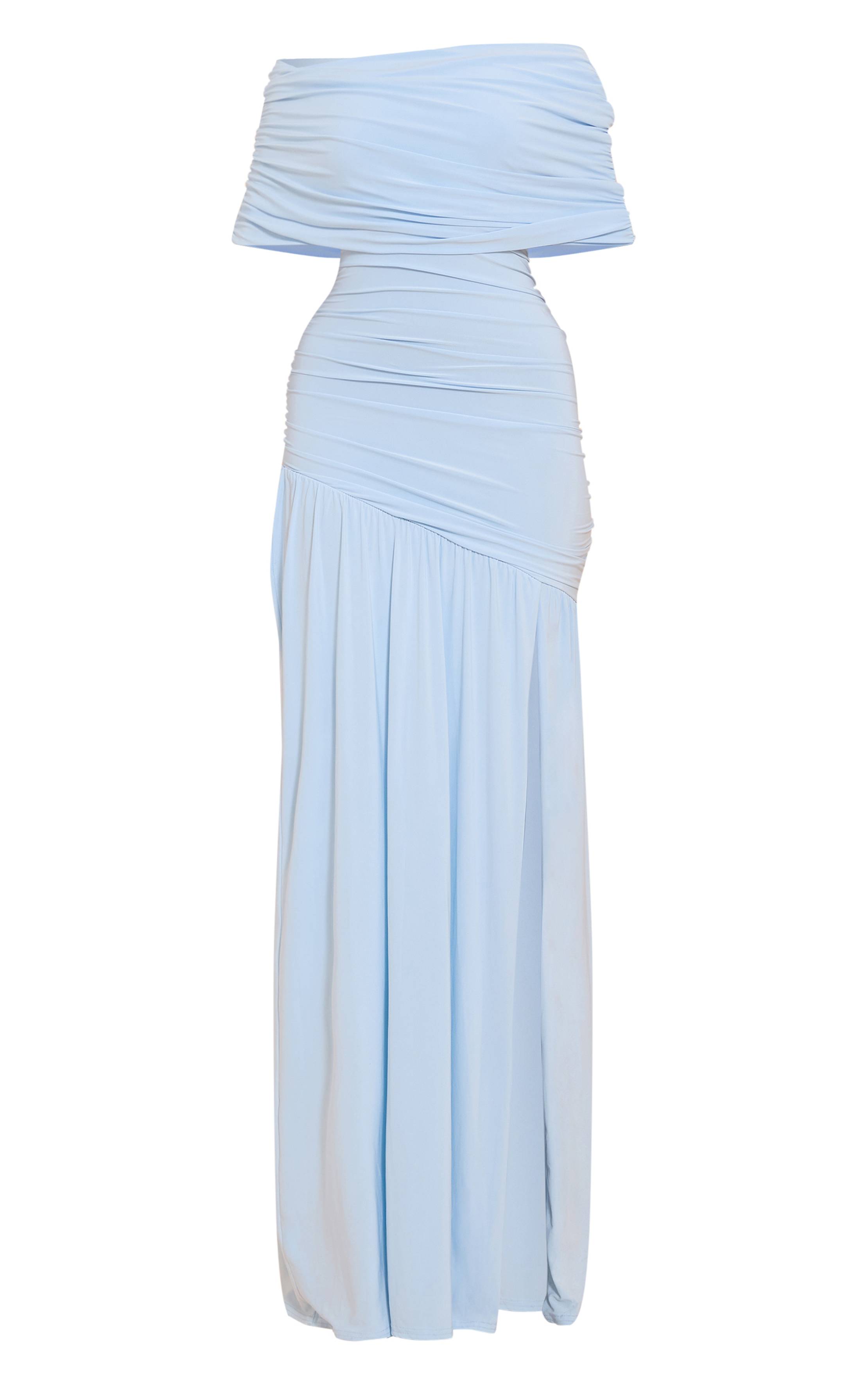 Bleu Robe Longue Froncée À Double Couche Slinky Bardot Asymétrique