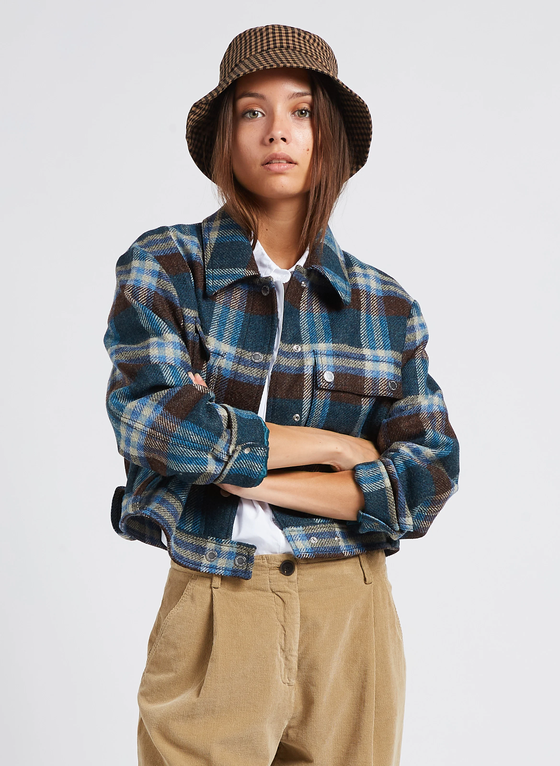 Veste courte col classique à carreaux en laine | Bleu