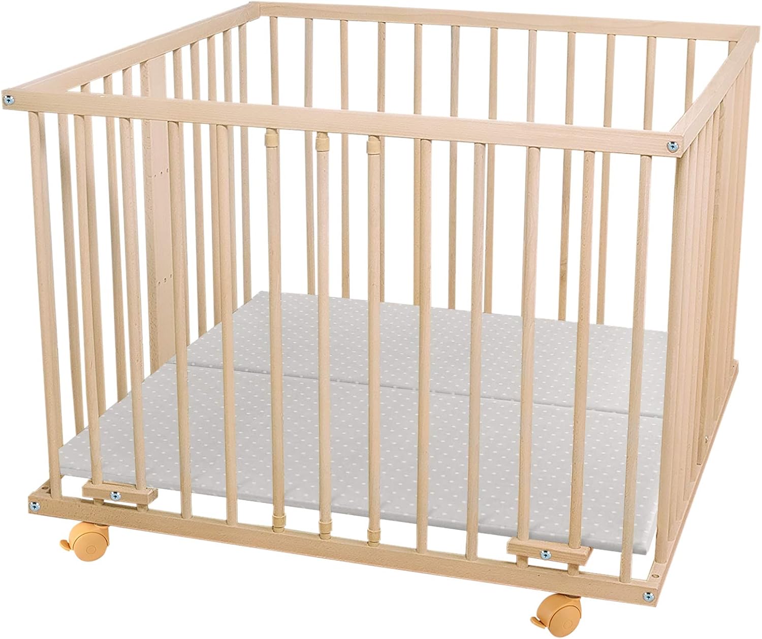 WALDIN - Parc pour bébé - environ 100 x 100 cm, HÊTRE MASSIF, réglable en hauteur, 2 motifs au choix, naturel non traité, couleur du tissu blanc/points gris