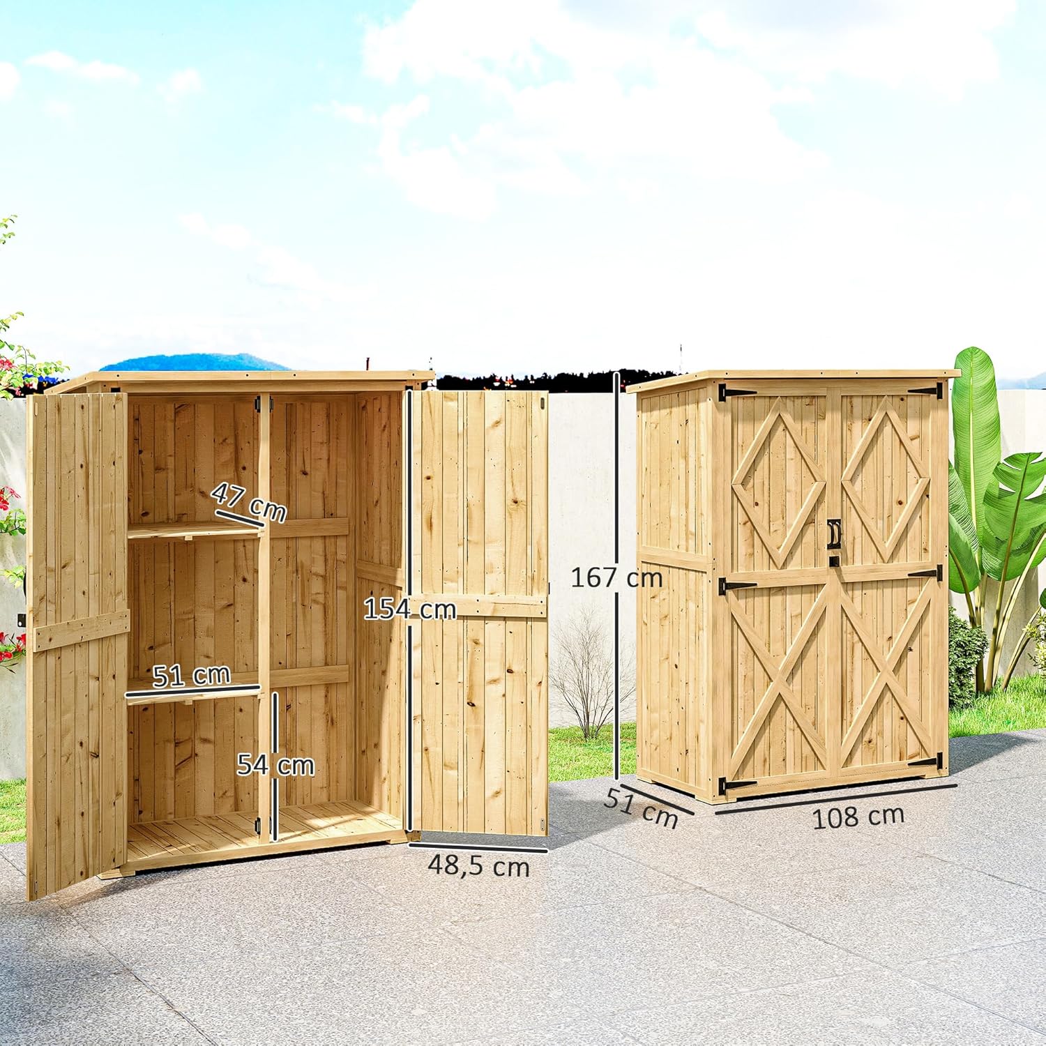 Outsunny Gartenschrank Holz, Geräteschuppen mit Abschließbar Doppeltür Asphalt-Dach Ablage 116,5x57x167cm, wetterfest Geräteschrank, Gerätehaus Gartenschuppen für Garten, Terrasse, Naturholz