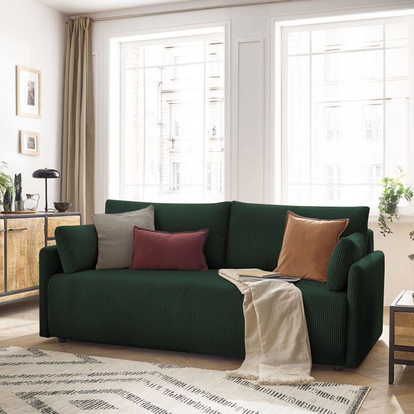 Bobochic Canapé convertible coffre marcel velours côtelé vert  - 211x100x86 cm