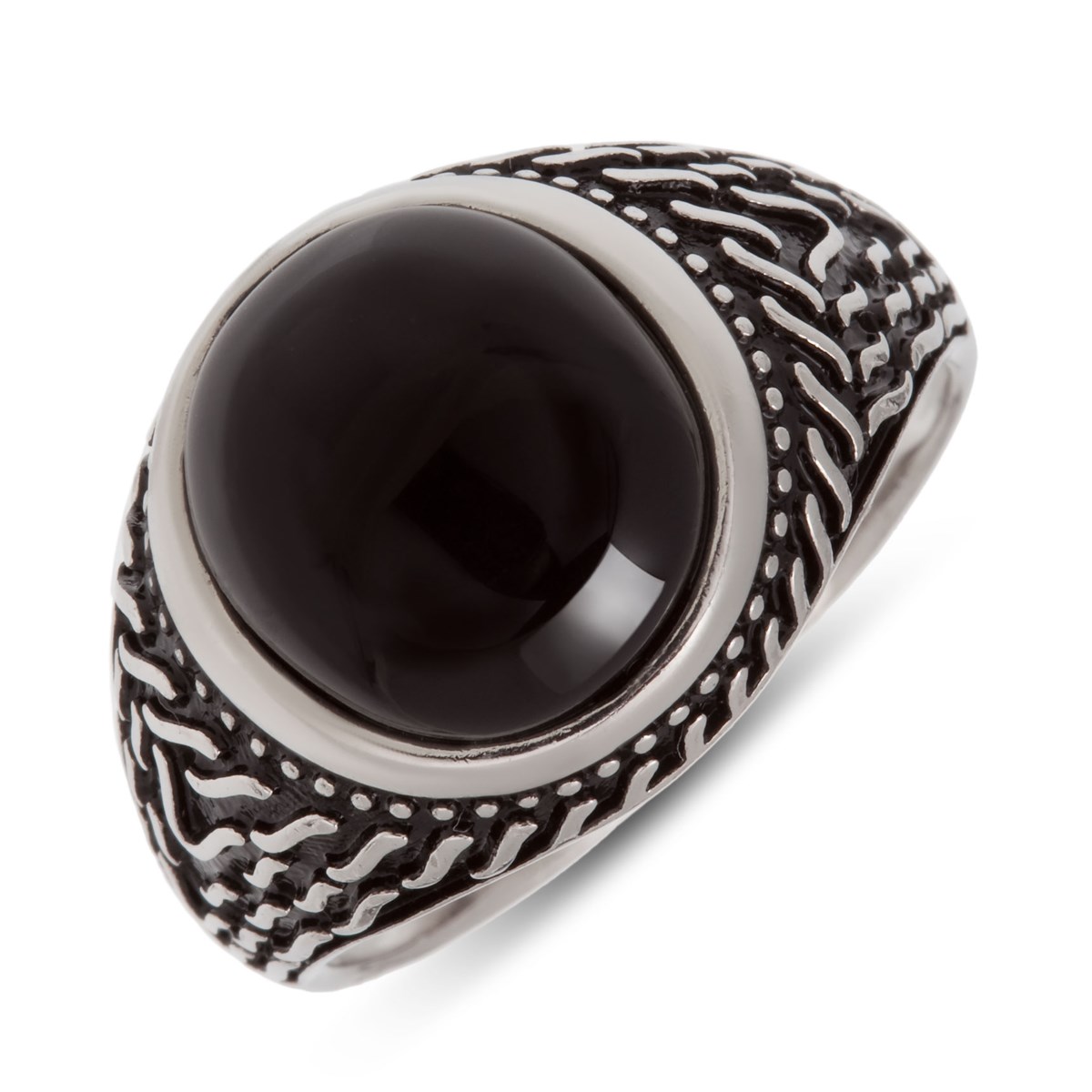 Bague argent rhodié en pierre d'onyx forme ronde