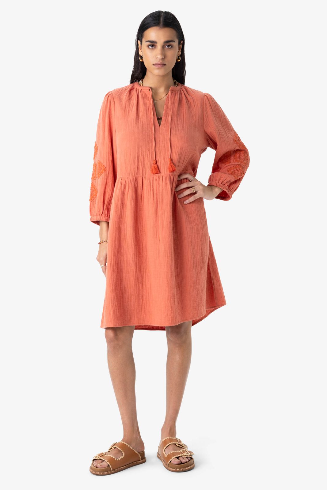 Oranje mousseline A-lijn jurk met embroidery