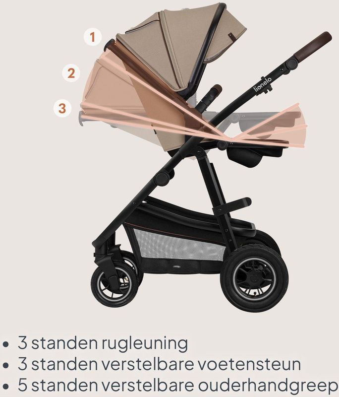 Lionelo Amber 3 in 1 - Kinderwagen - Geveerde Pompwielen - Reiswieg - Autostoel
