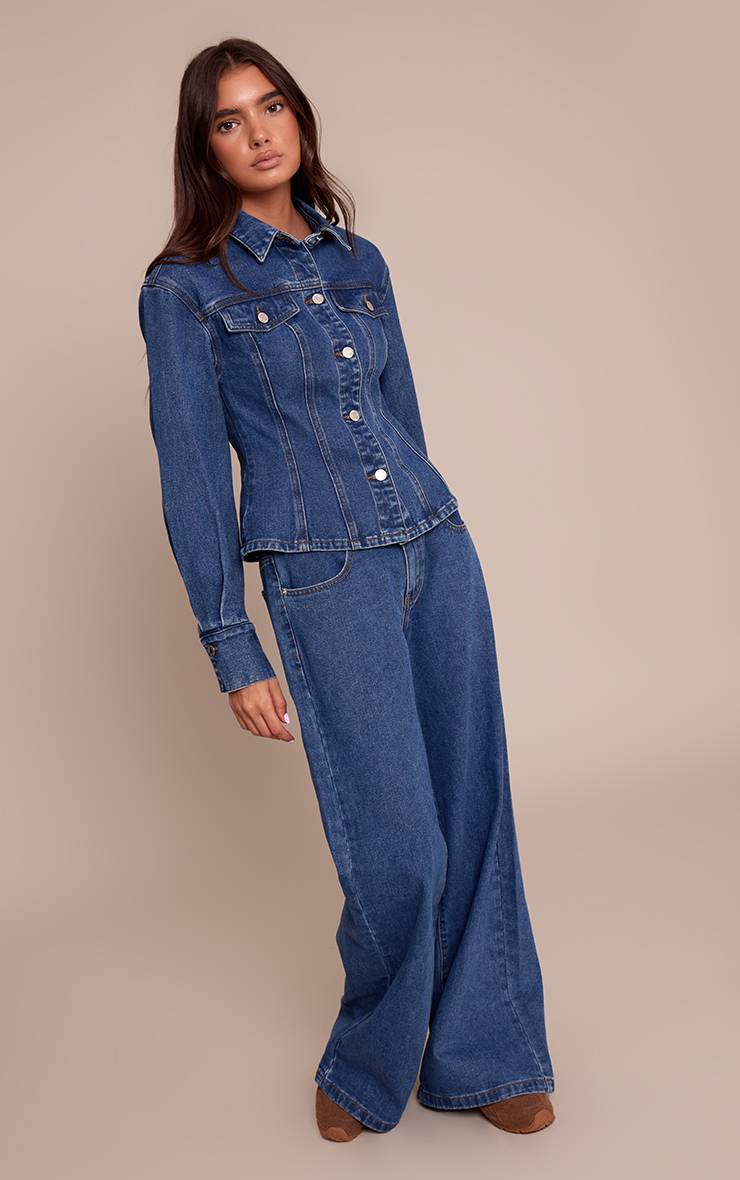 Bleu Foncé Veste En Jean Cintrée À La Taille Manches Longues