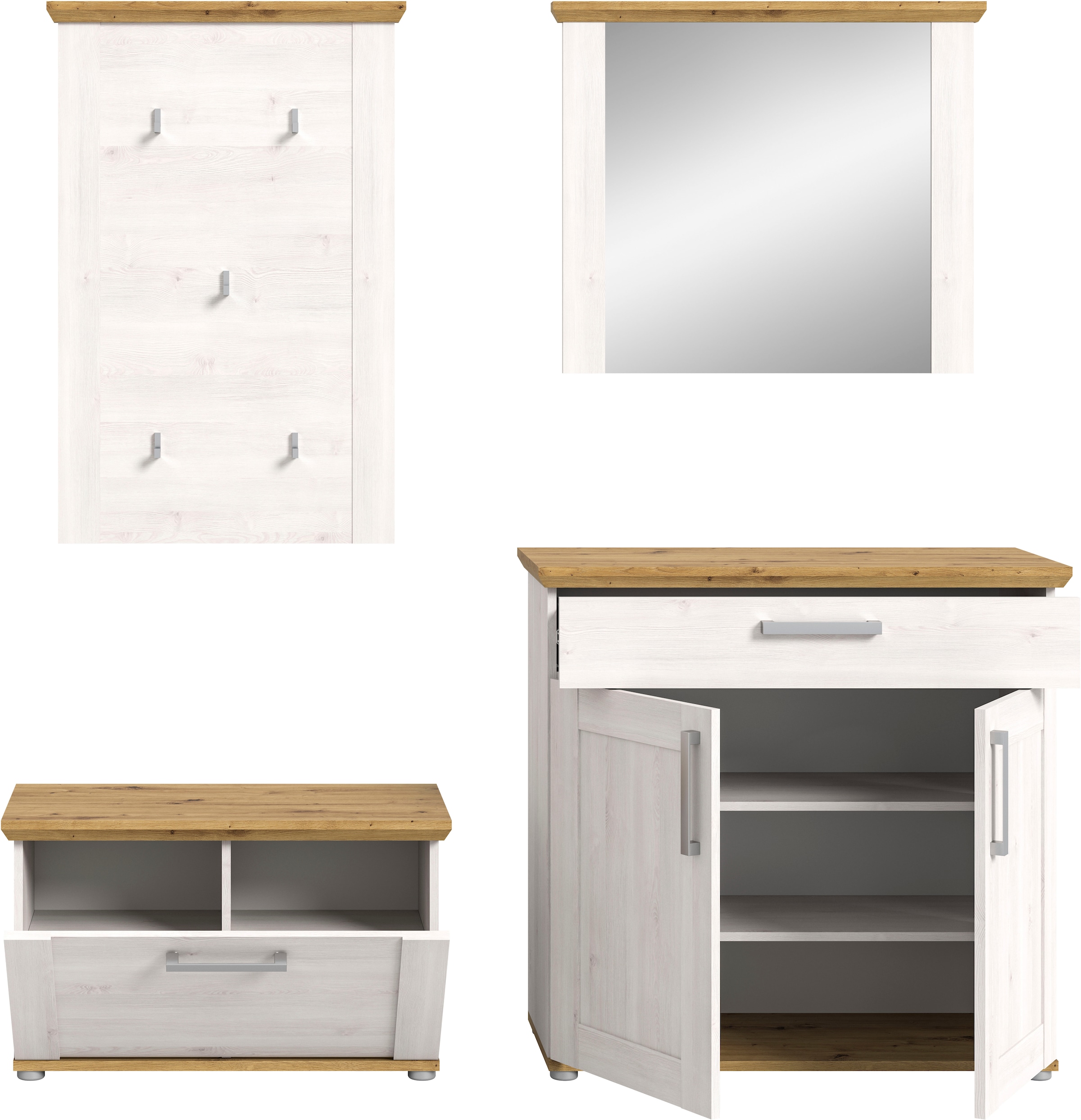 Home affaire Garderoben-Set »COSENZA, TOPSELLER!, Breite ca. 190 cm, 4-teilig, in Landhausoptik« bestehend aus: Sitzbank, Garderobenpaneel, Schuhschrank, Spiegel, 4 Stk. tlg.